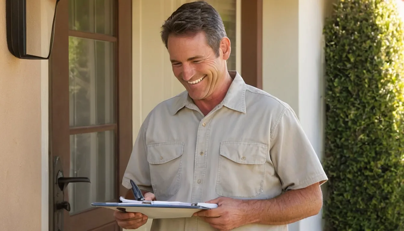 A friendly provider talking with a homeowner at the front door of a stucco home in Yucaipa